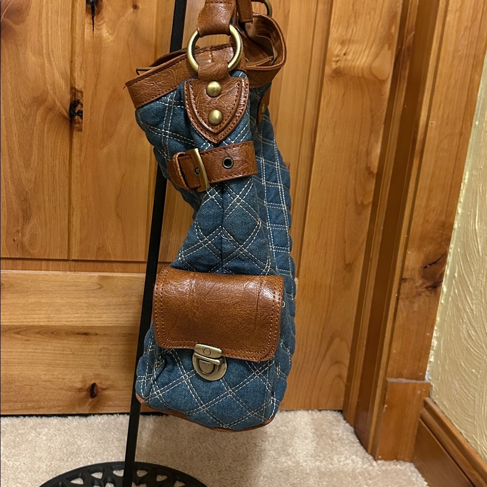 Denim and Faux Leather Diamond Stitched Hobo Style Bag - Picture 6 of 15